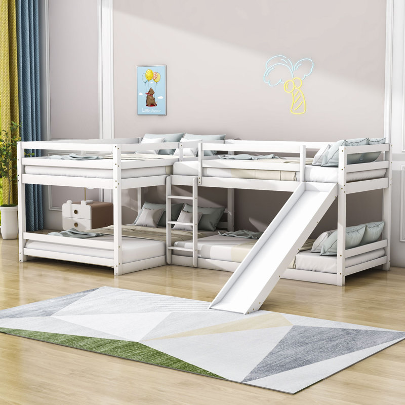 Harriet Bee Faso LShaped Quad Wood Bunk Bed, Full over Full and Twin over Twin Bunk Beds with